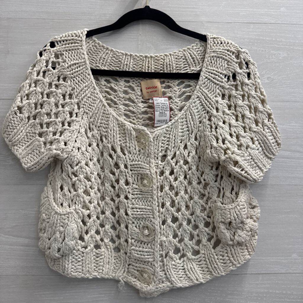 Twinkle by Wenlan Beige Open Knit Cropped Short Sleeve Top Medium