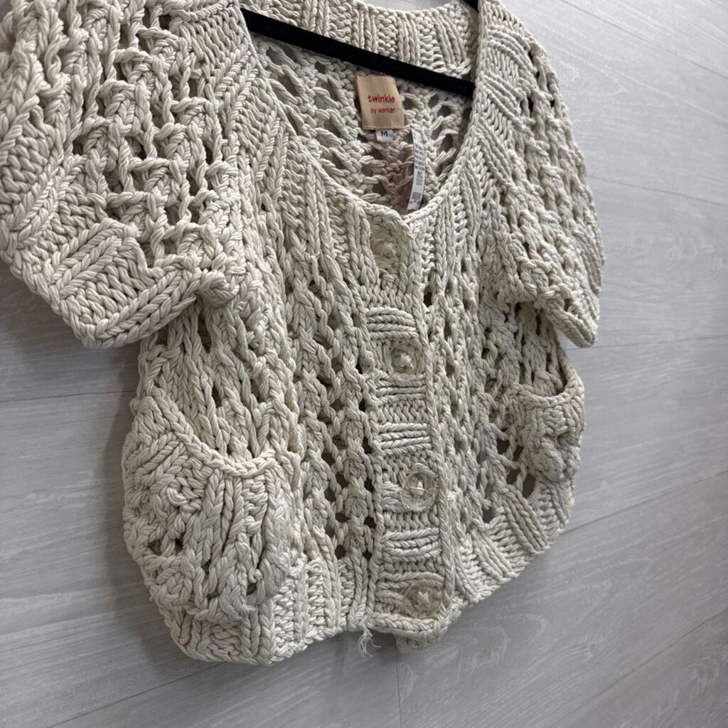 Twinkle by Wenlan Beige Open Knit Cropped Short Sleeve Top Medium