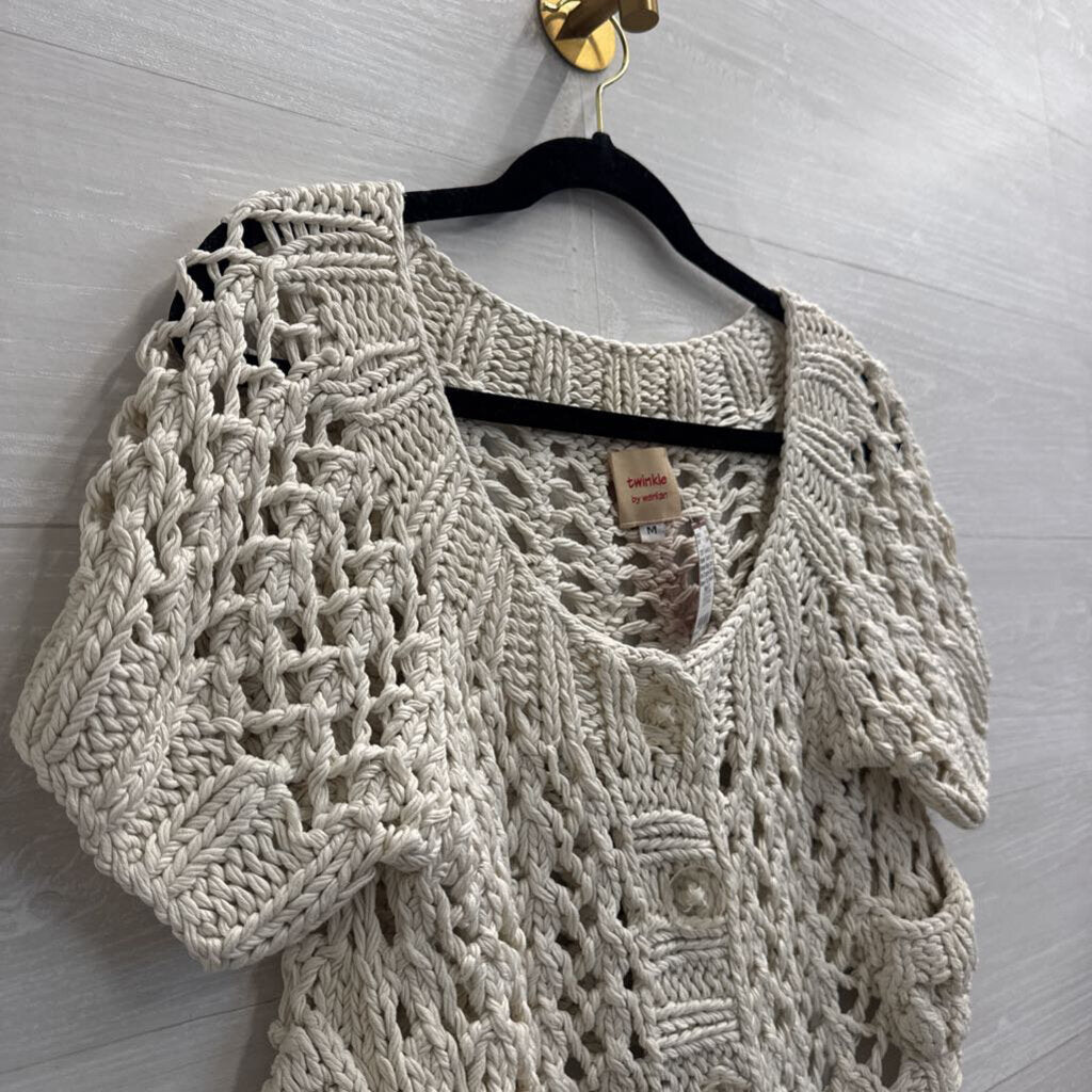 Twinkle by Wenlan Beige Open Knit Cropped Short Sleeve Top Medium