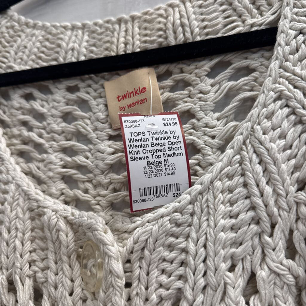 Twinkle by Wenlan Beige Open Knit Cropped Short Sleeve Top Medium