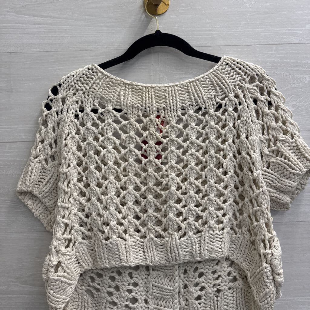 Twinkle by Wenlan Beige Open Knit Cropped Short Sleeve Top Medium