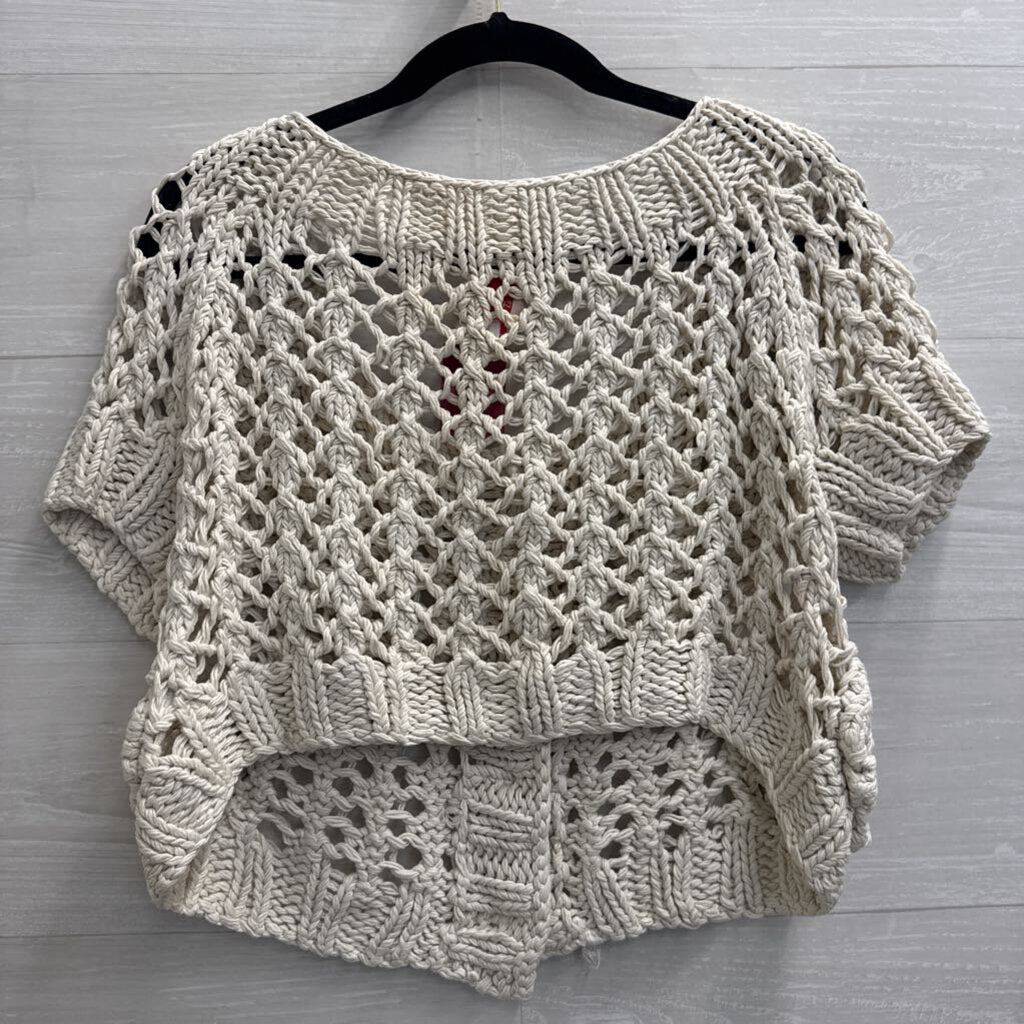 Twinkle by Wenlan Beige Open Knit Cropped Short Sleeve Top Medium