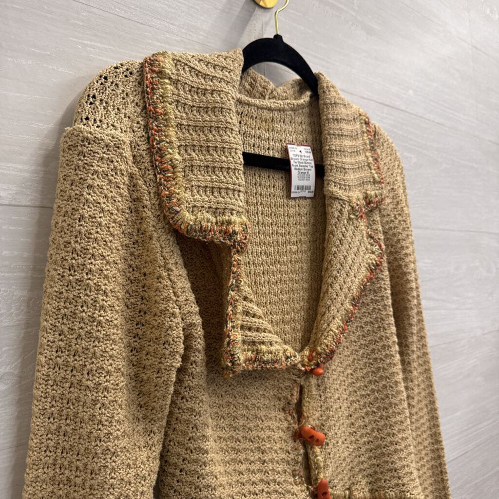 Brown/ Orange Knit Tie Wast Button Front Sweater Top Medium