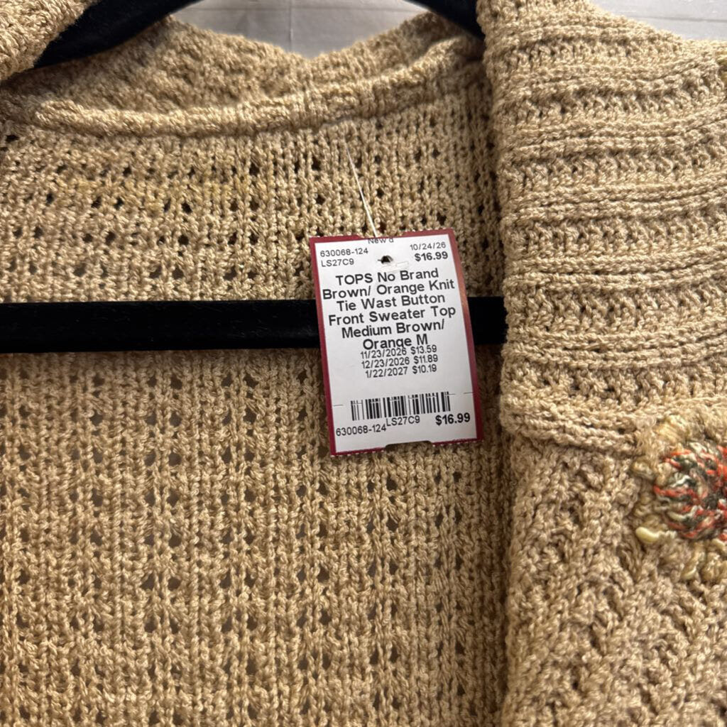 Brown/ Orange Knit Tie Wast Button Front Sweater Top Medium