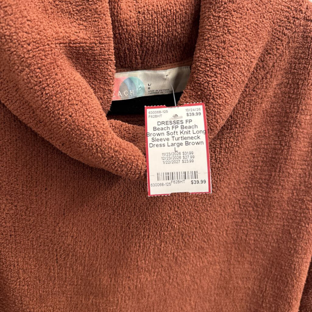 FP Beach Brown Soft Knit Long Sleeve Turtleneck Dress Large