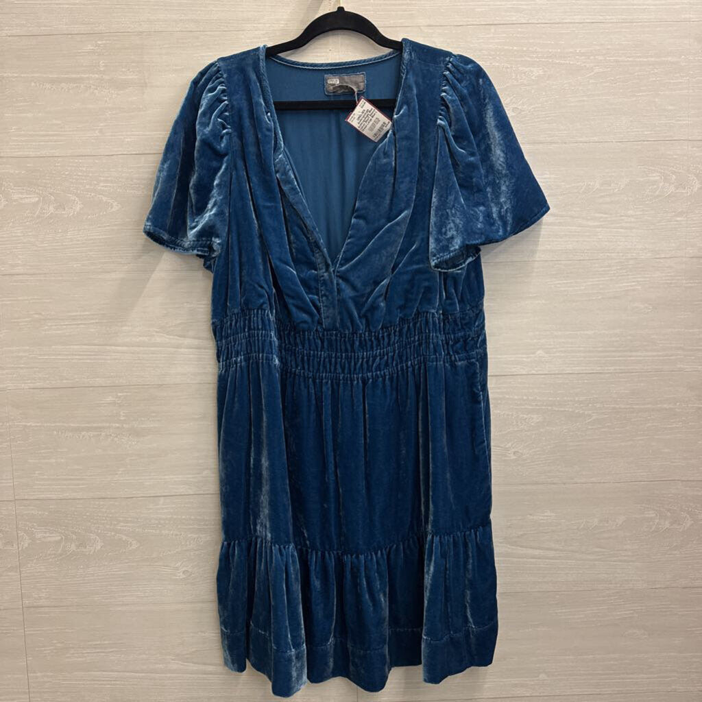 Anthropologie Blue Velvet Short Sleeve Dress Large