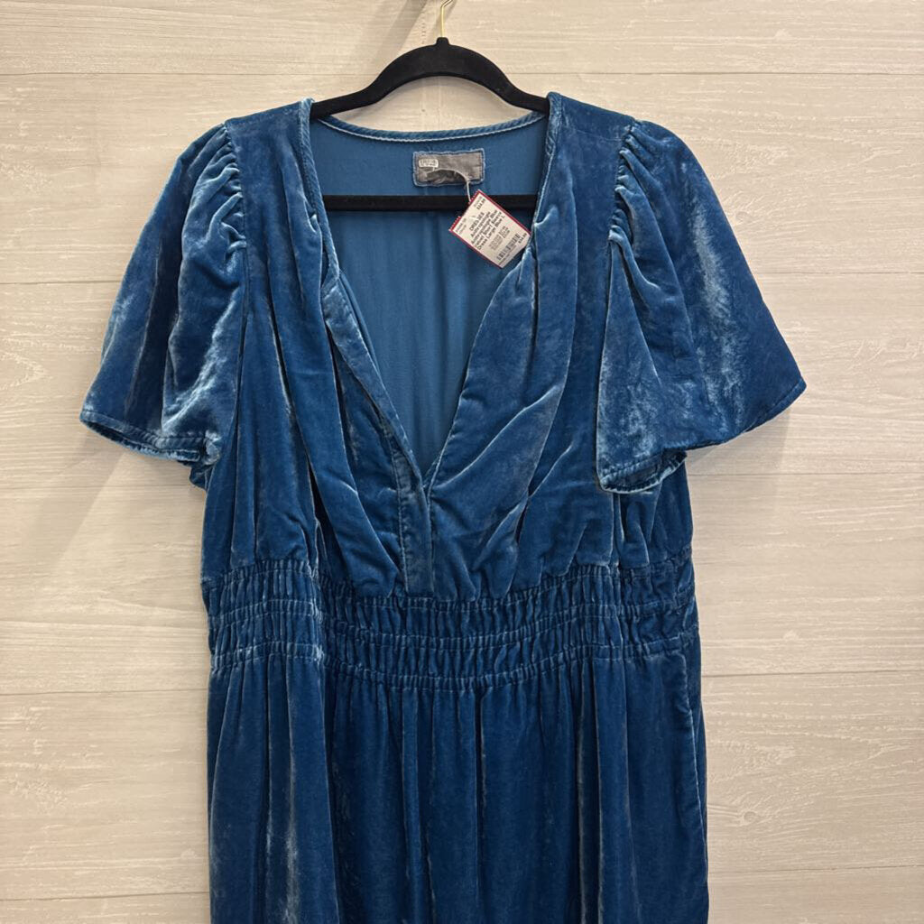 Anthropologie Blue Velvet Short Sleeve Dress Large