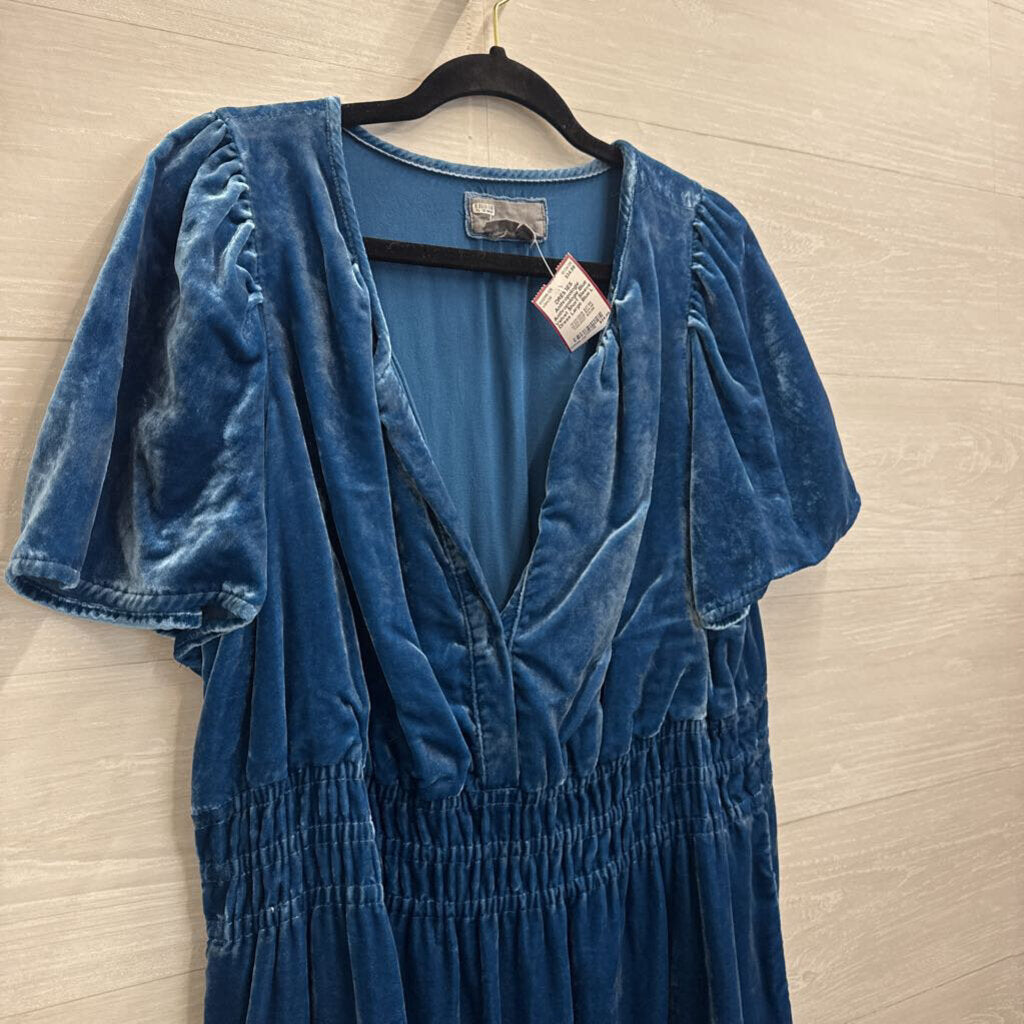 Anthropologie Blue Velvet Short Sleeve Dress Large