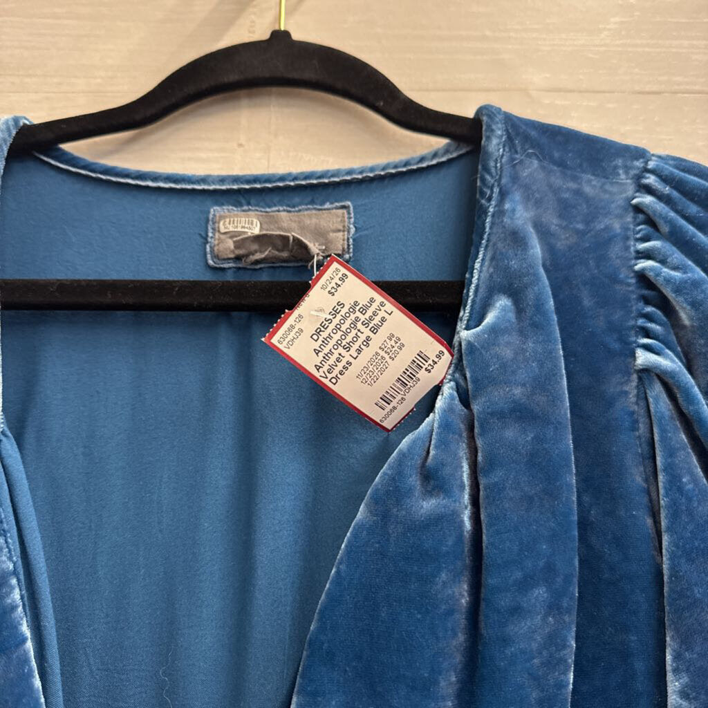 Anthropologie Blue Velvet Short Sleeve Dress Large