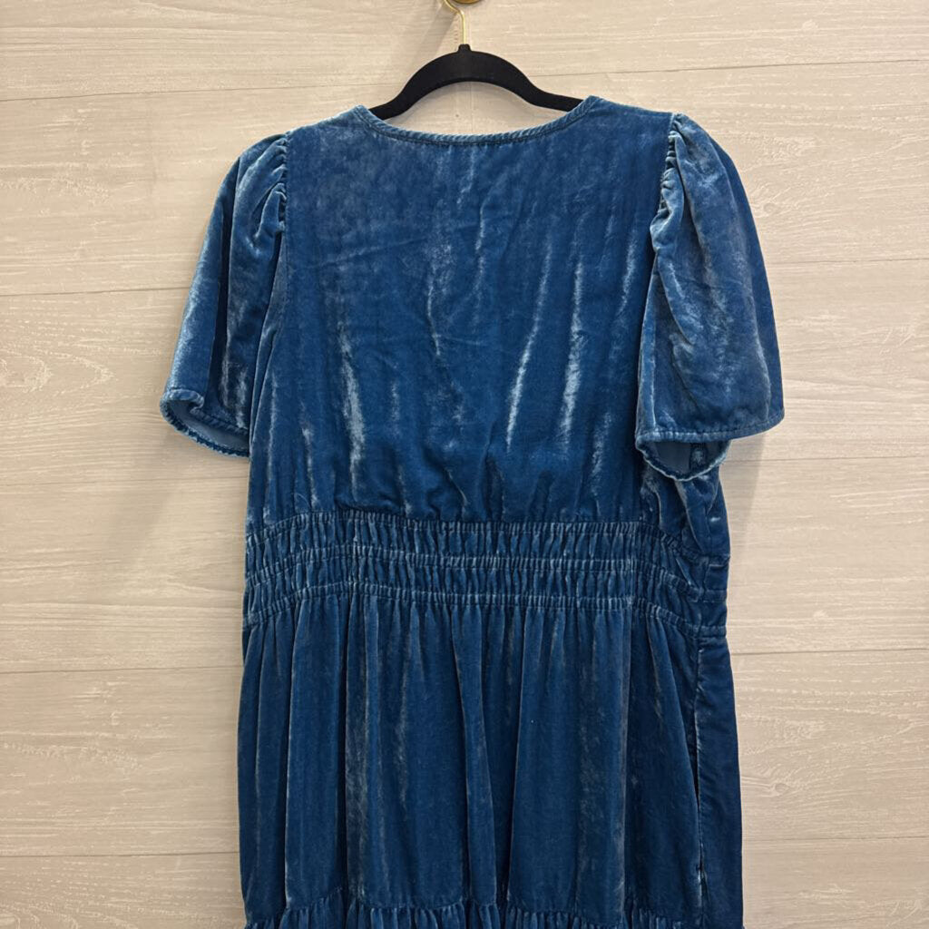 Anthropologie Blue Velvet Short Sleeve Dress Large