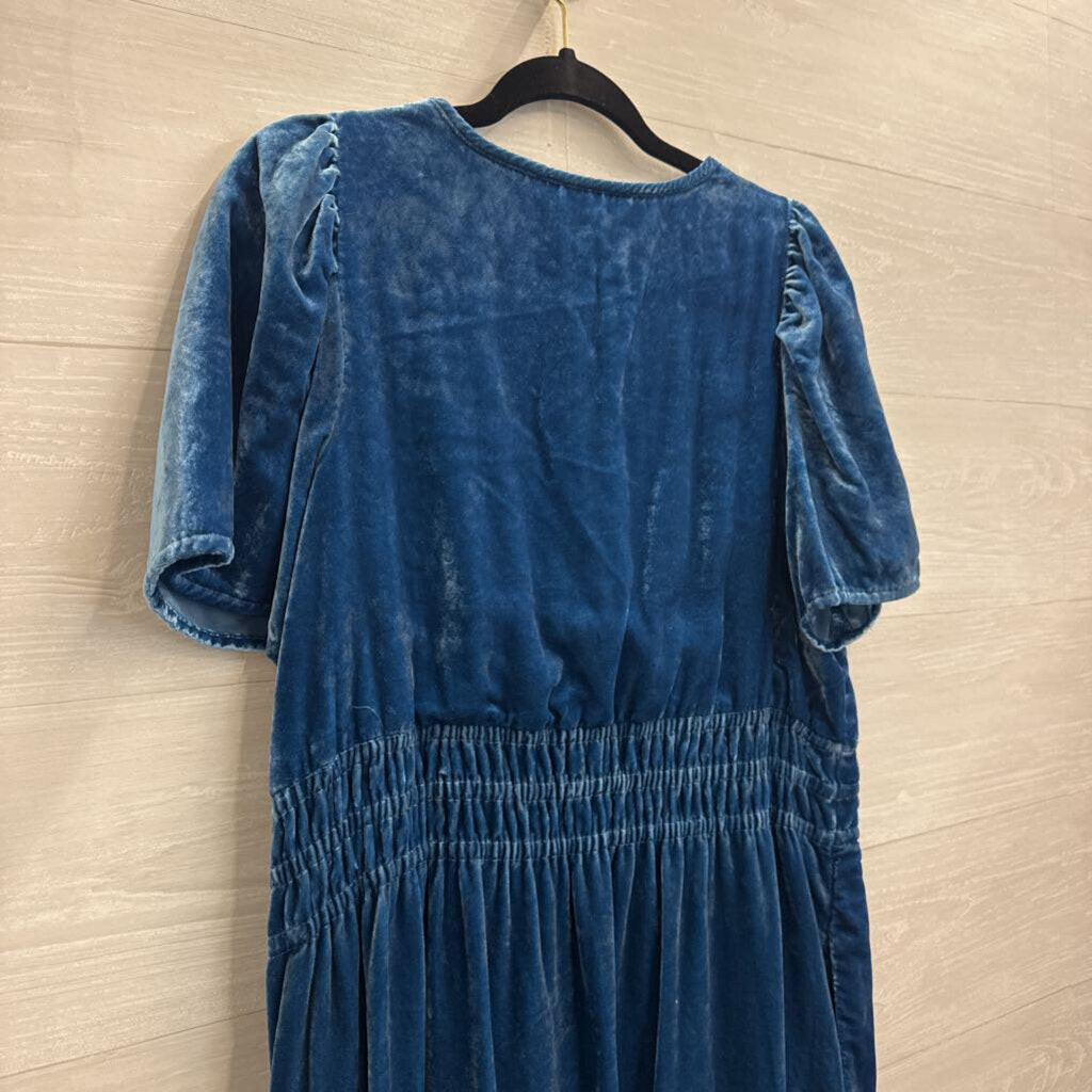 Anthropologie Blue Velvet Short Sleeve Dress Large