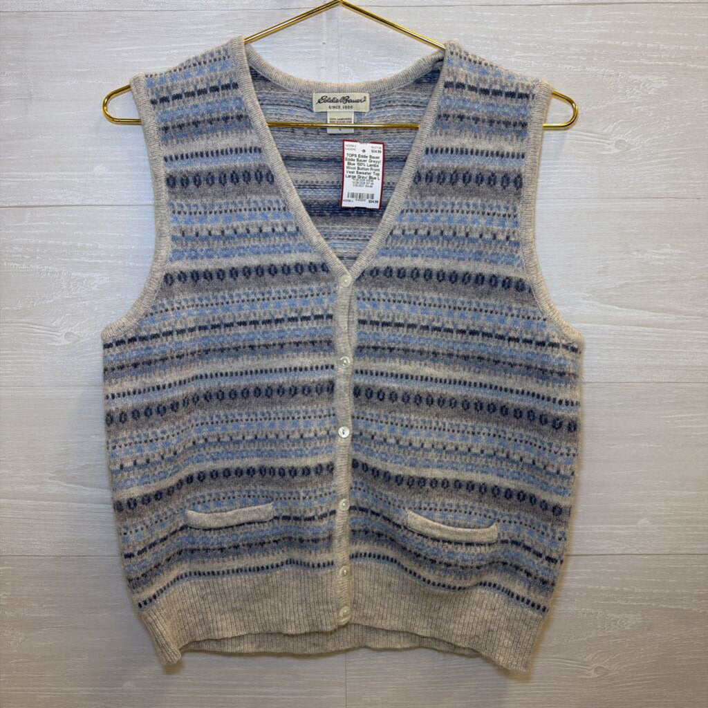 Eddie Bauer Greyy/ Blue 100% Lambs Wool Button Front Vest Sweater Top Large