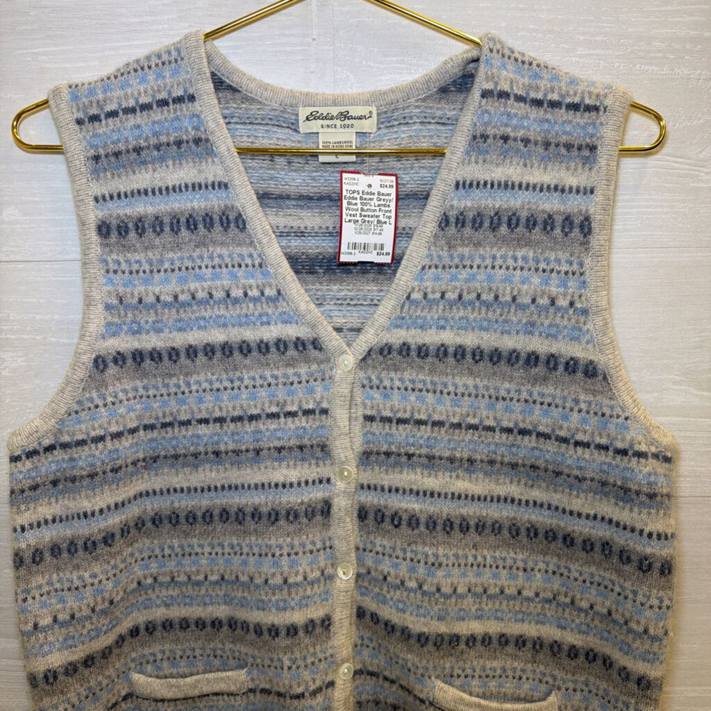 Eddie Bauer Greyy/ Blue 100% Lambs Wool Button Front Vest Sweater Top Large