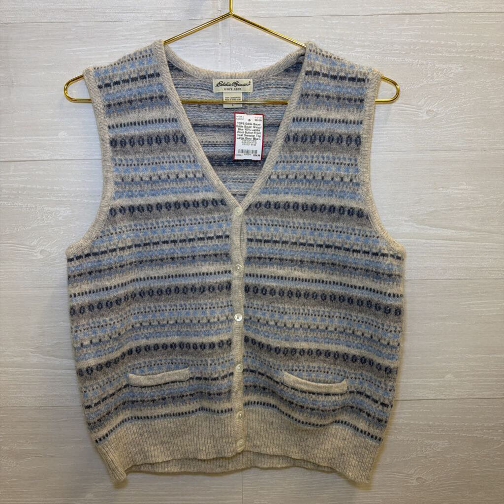 Eddie Bauer Greyy/ Blue 100% Lambs Wool Button Front Vest Sweater Top Large