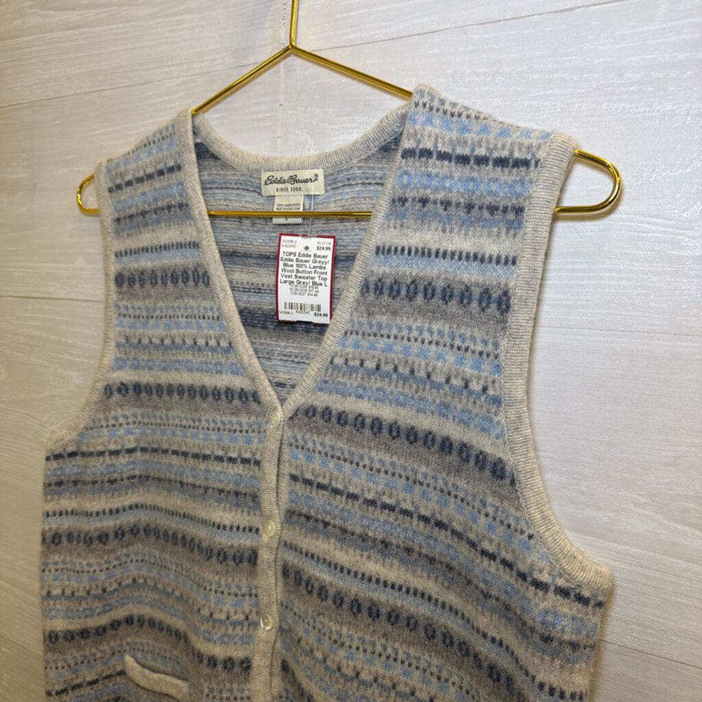 Eddie Bauer Greyy/ Blue 100% Lambs Wool Button Front Vest Sweater Top Large
