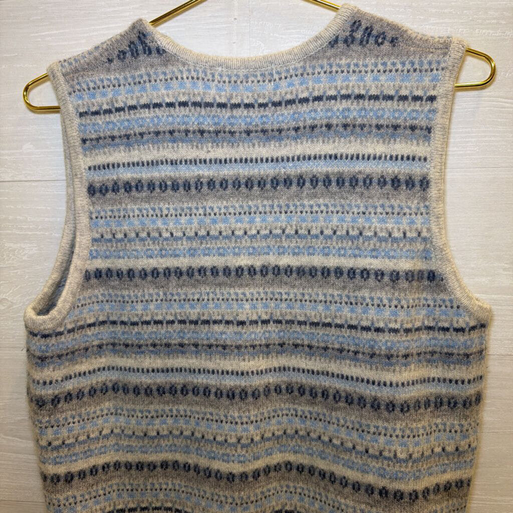 Eddie Bauer Greyy/ Blue 100% Lambs Wool Button Front Vest Sweater Top Large