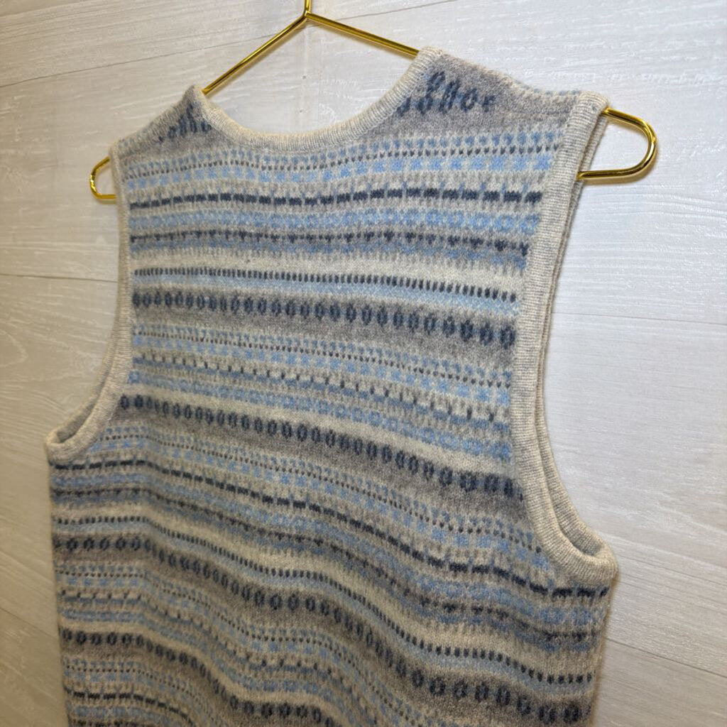 Eddie Bauer Greyy/ Blue 100% Lambs Wool Button Front Vest Sweater Top Large