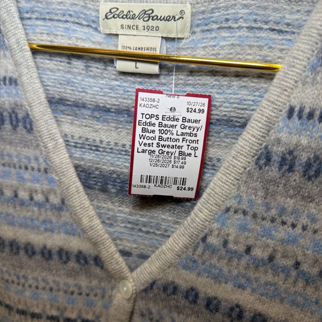 Eddie Bauer Greyy/ Blue 100% Lambs Wool Button Front Vest Sweater Top Large