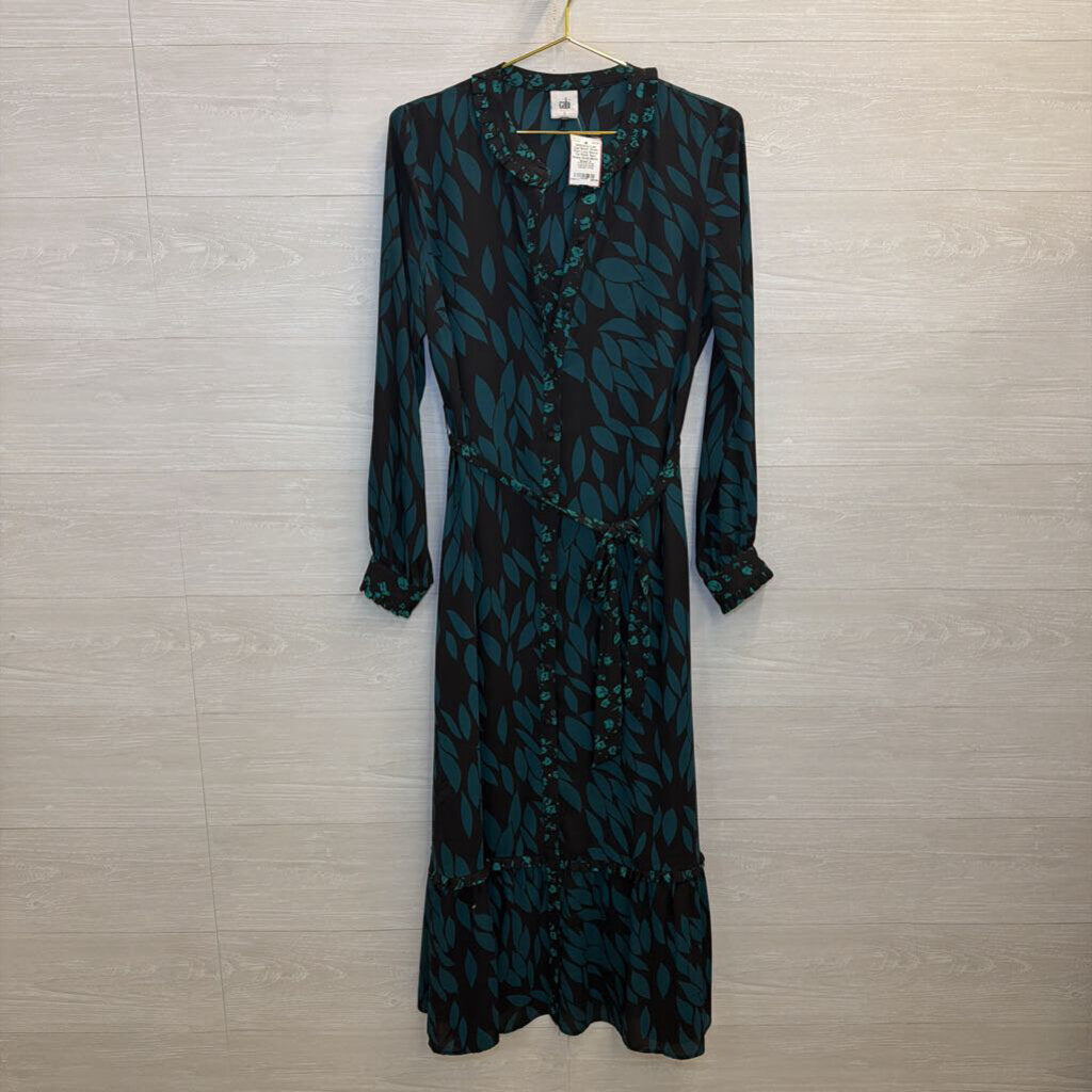 Cabi Black/ Green Print Long Sleeve Tie Waist Maxi Dress Small