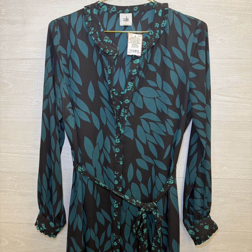 Cabi Black/ Green Print Long Sleeve Tie Waist Maxi Dress Small
