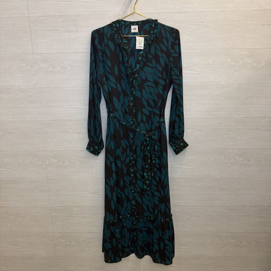 Cabi Black/ Green Print Long Sleeve Tie Waist Maxi Dress Small