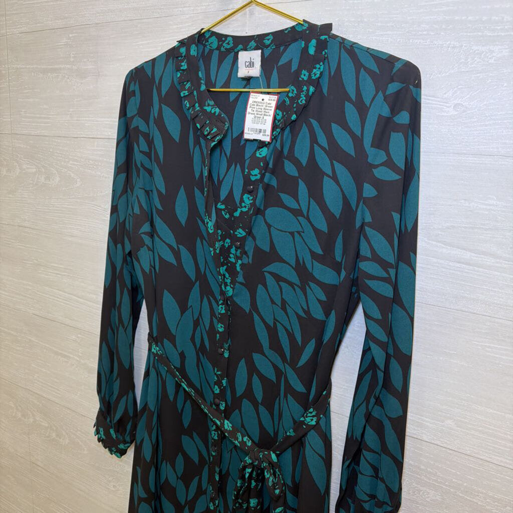 Cabi Black/ Green Print Long Sleeve Tie Waist Maxi Dress Small