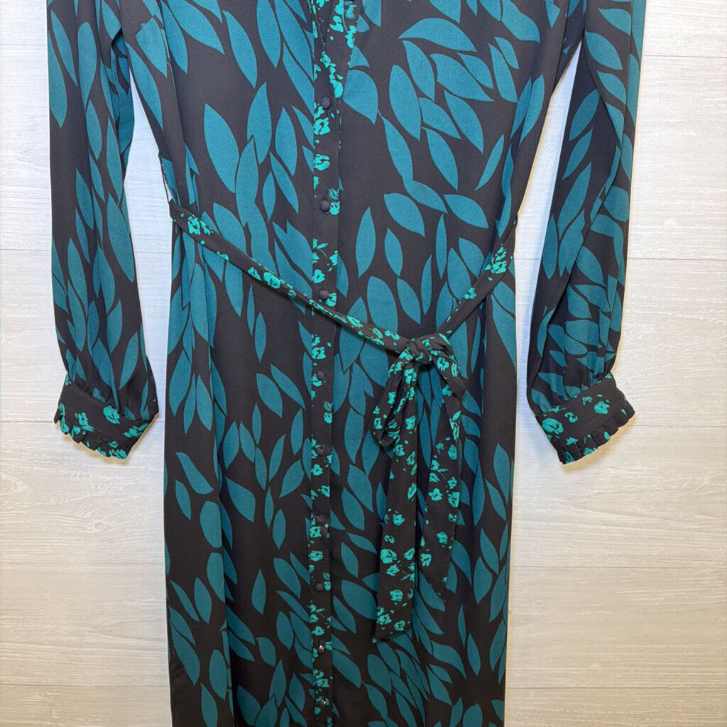 Cabi Black/ Green Print Long Sleeve Tie Waist Maxi Dress Small