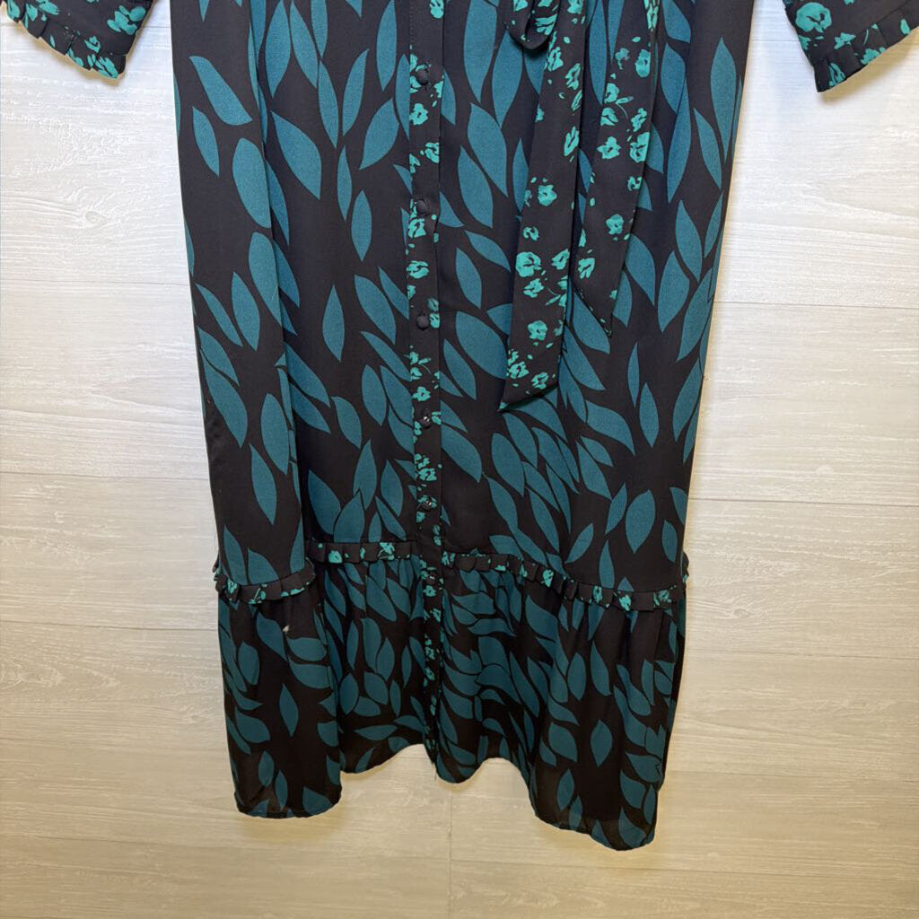 Cabi Black/ Green Print Long Sleeve Tie Waist Maxi Dress Small