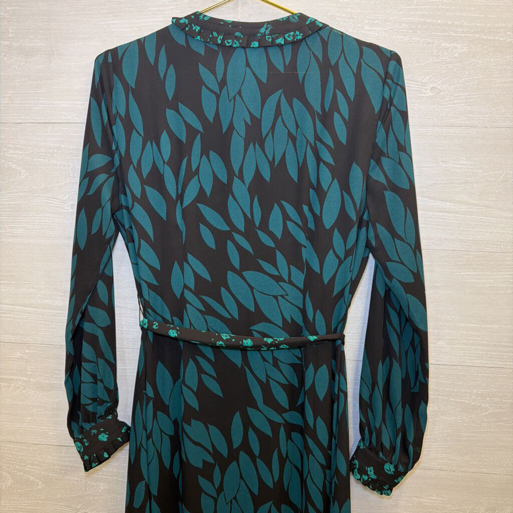 Cabi Black/ Green Print Long Sleeve Tie Waist Maxi Dress Small