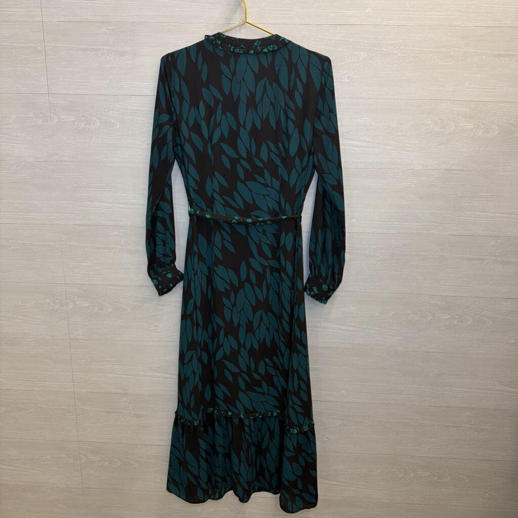 Cabi Black/ Green Print Long Sleeve Tie Waist Maxi Dress Small