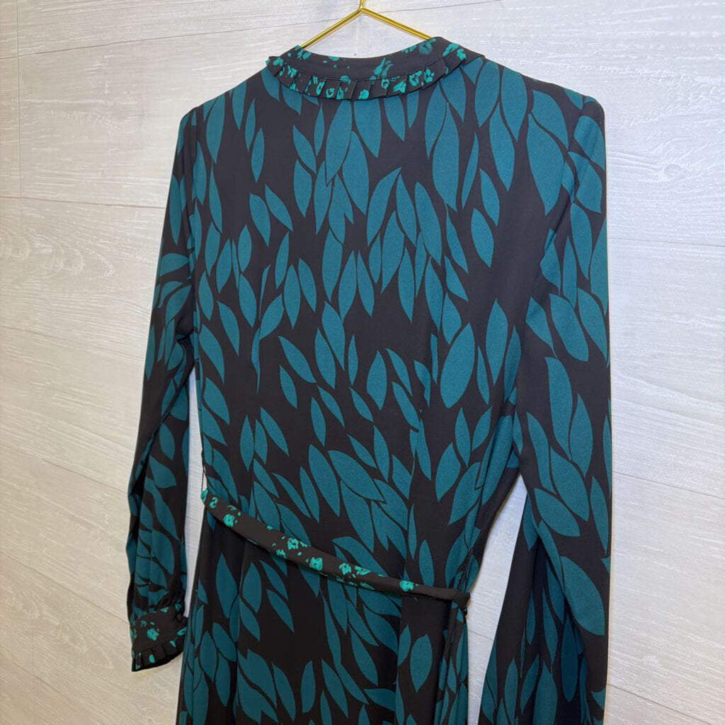 Cabi Black/ Green Print Long Sleeve Tie Waist Maxi Dress Small
