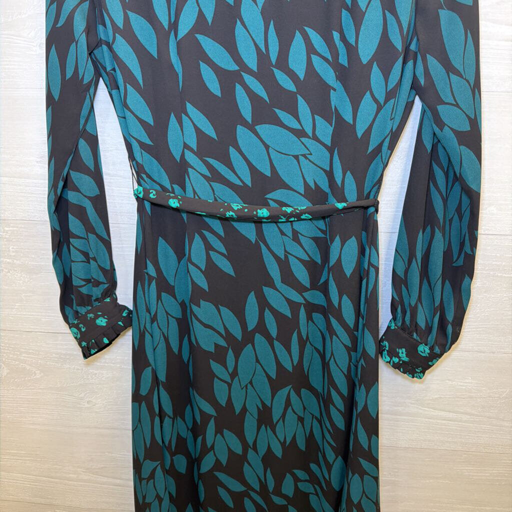 Cabi Black/ Green Print Long Sleeve Tie Waist Maxi Dress Small
