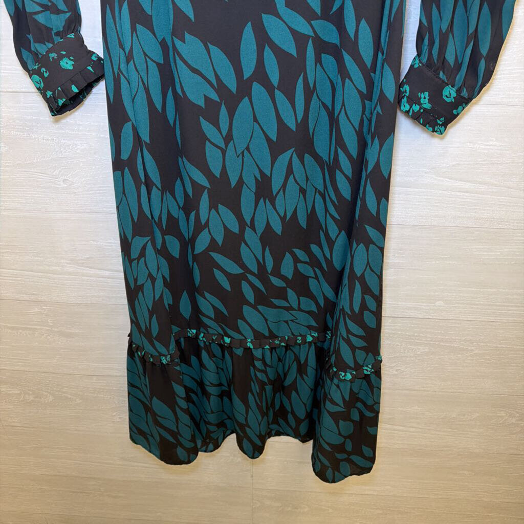 Cabi Black/ Green Print Long Sleeve Tie Waist Maxi Dress Small