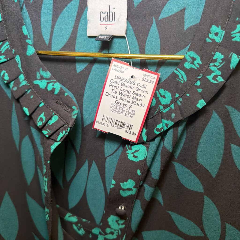 Cabi Black/ Green Print Long Sleeve Tie Waist Maxi Dress Small