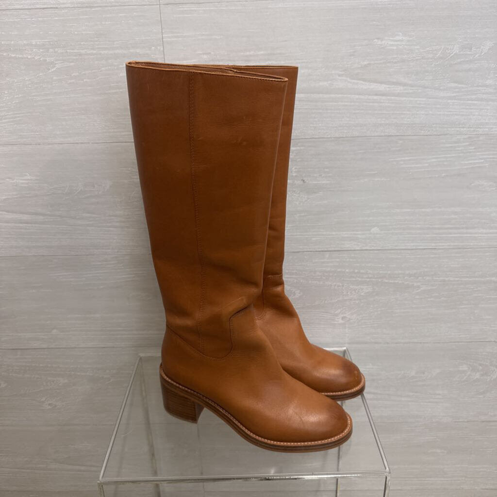 J Crew Brown Leather Knee High Stacked Heel Boots 8.5