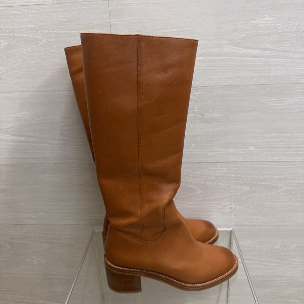 J Crew Brown Leather Knee High Stacked Heel Boots 8.5