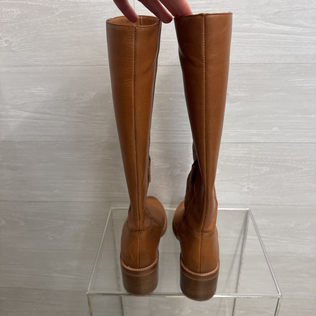 J Crew Brown Leather Knee High Stacked Heel Boots 8.5