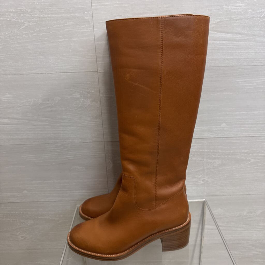 J Crew Brown Leather Knee High Stacked Heel Boots 8.5