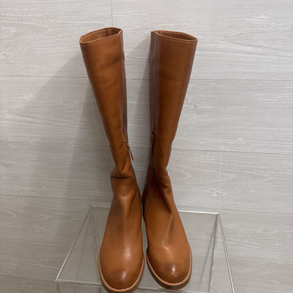 J Crew Brown Leather Knee High Stacked Heel Boots 8.5