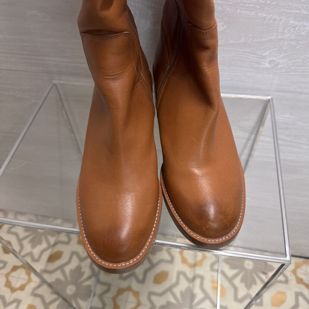 J Crew Brown Leather Knee High Stacked Heel Boots 8.5