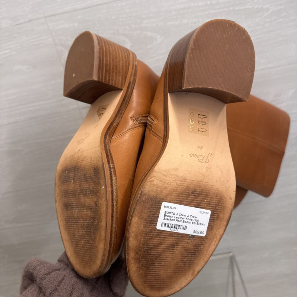 J Crew Brown Leather Knee High Stacked Heel Boots 8.5