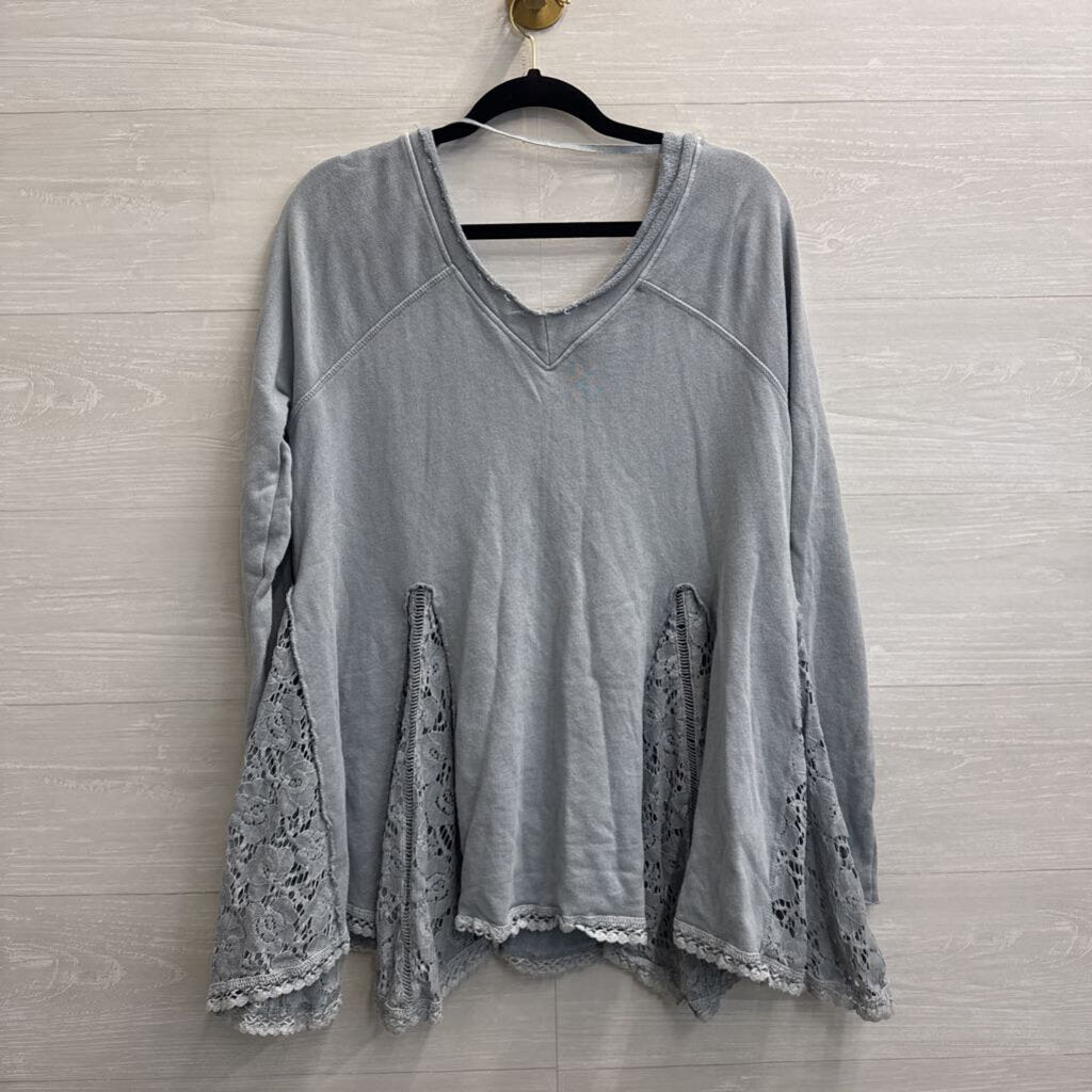 Free People Blue Long Sleeve Lace Detail Slouchy Top Extra Small