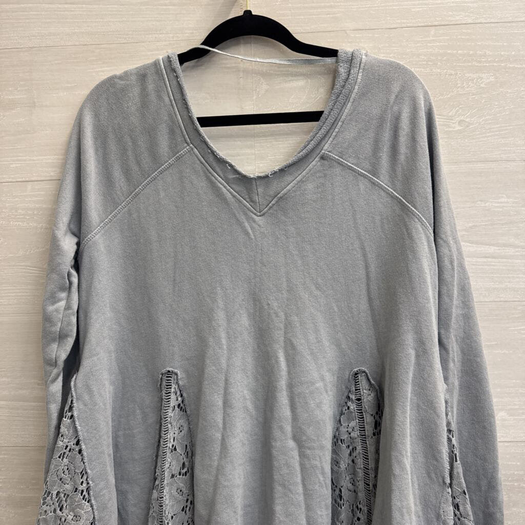 Free People Blue Long Sleeve Lace Detail Slouchy Top Extra Small