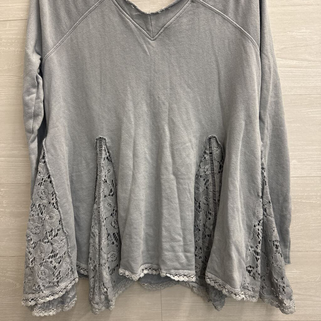 Free People Blue Long Sleeve Lace Detail Slouchy Top Extra Small