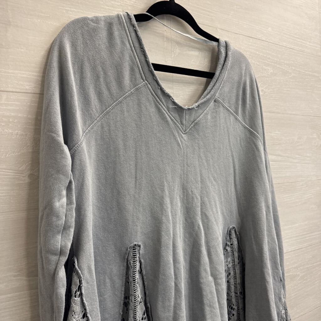 Free People Blue Long Sleeve Lace Detail Slouchy Top Extra Small