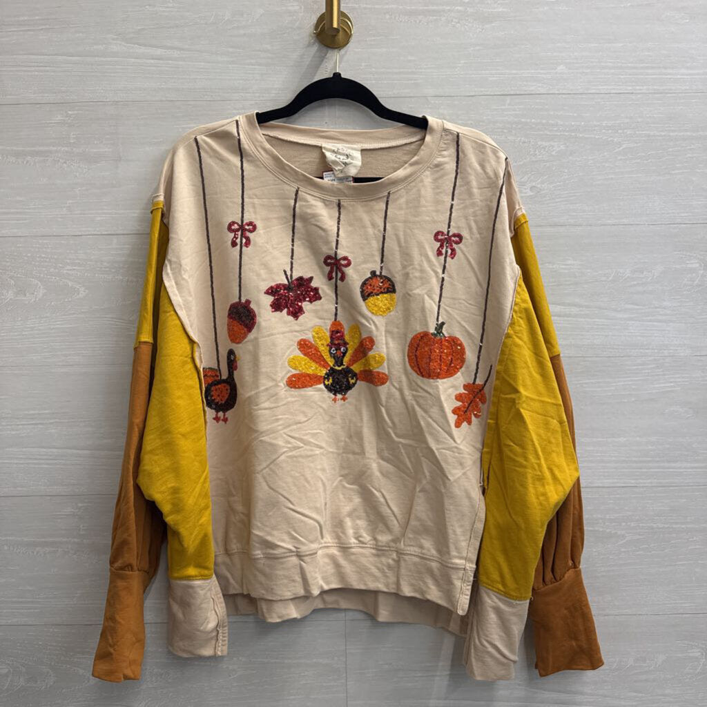 Fantastic Fawn Cream/ Multi Sequin Fall Print Long Sleeve Top Small