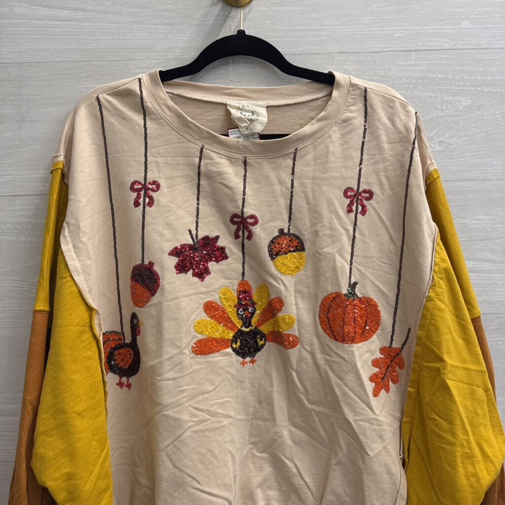 Fantastic Fawn Cream/ Multi Sequin Fall Print Long Sleeve Top Small