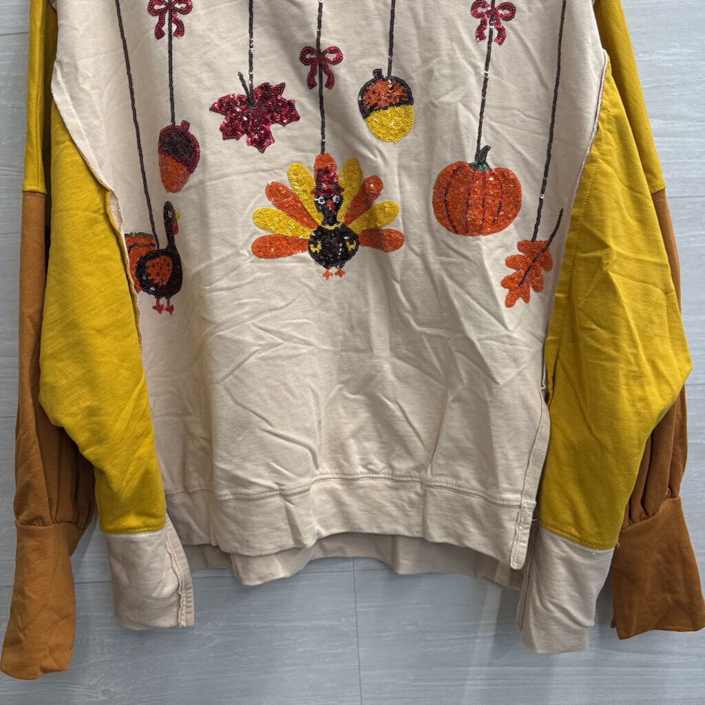 Fantastic Fawn Cream/ Multi Sequin Fall Print Long Sleeve Top Small