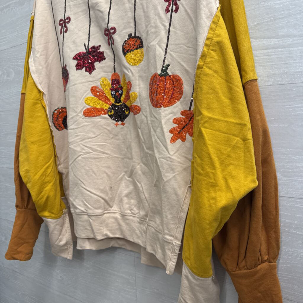 Fantastic Fawn Cream/ Multi Sequin Fall Print Long Sleeve Top Small