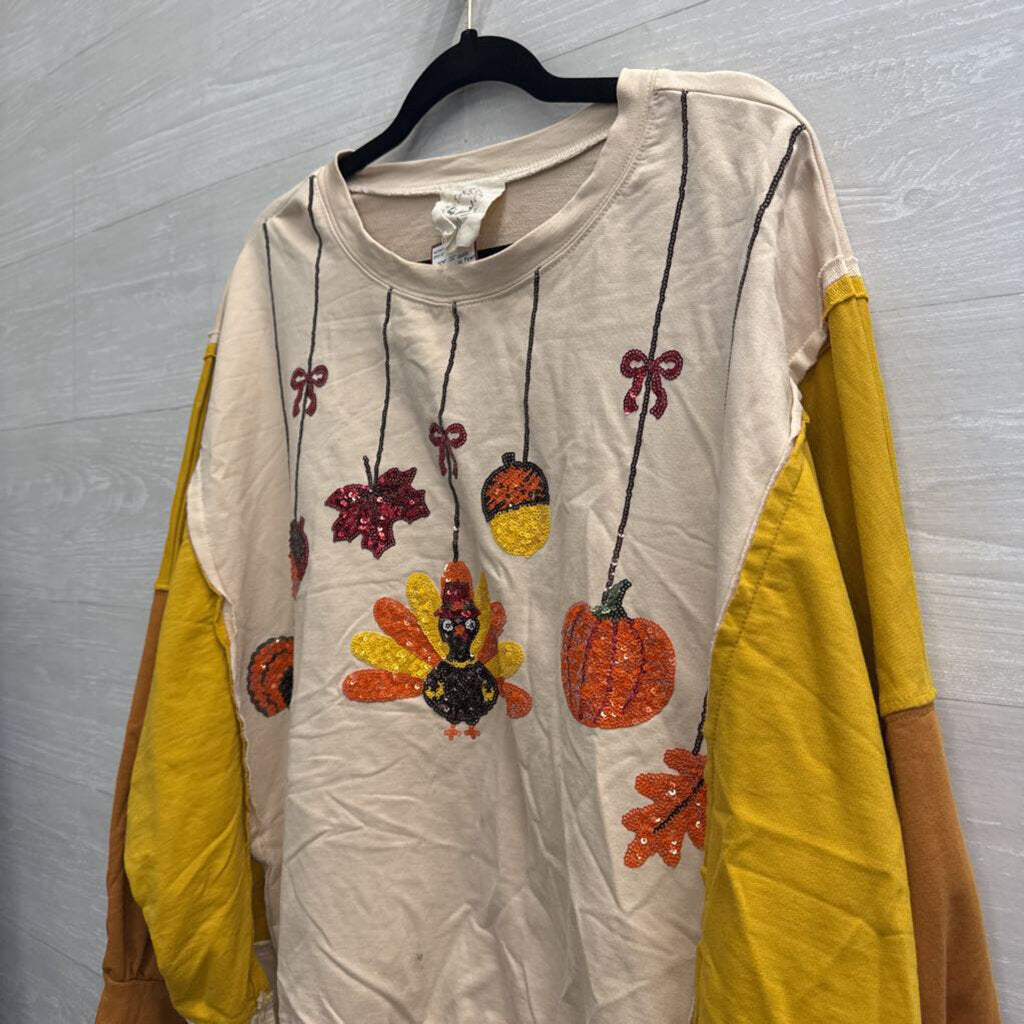 Fantastic Fawn Cream/ Multi Sequin Fall Print Long Sleeve Top Small